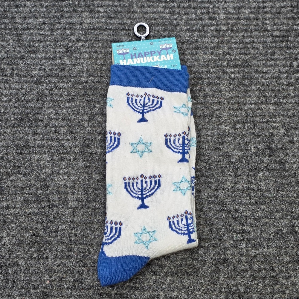 Everything Legwear Happy Hanukkah Crew Socks Women's Size 4-10 White Blue NWT